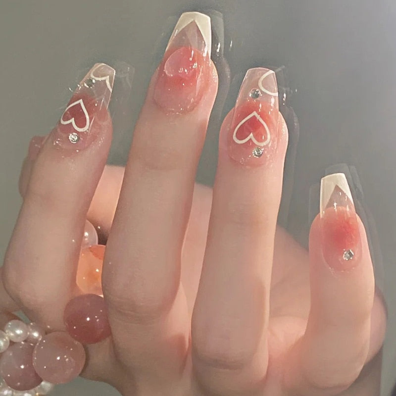 24pcs 2024 Ballet False Nail Full Cover Fake Nail Butterfly Love Nails Tip French Coffin Nails Press on Nails DZ081