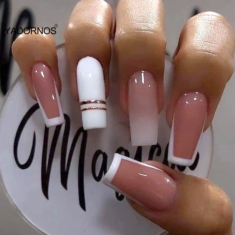 24pcs Ballerina Fake Nail DIY Gradient Pink and White Color French Full Cover Stick on Nail Patch Long Coffin False Nail Tips