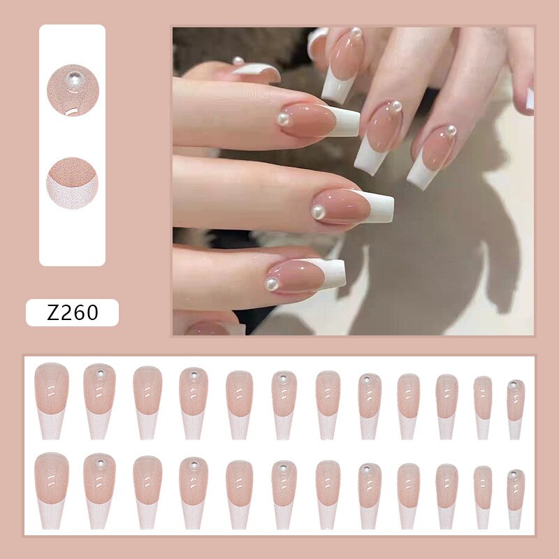 24pcs Ballerina Fake Nail DIY Gradient Pink and White Color French Full Cover Stick on Nail Patch Long Coffin False Nail Tips 4