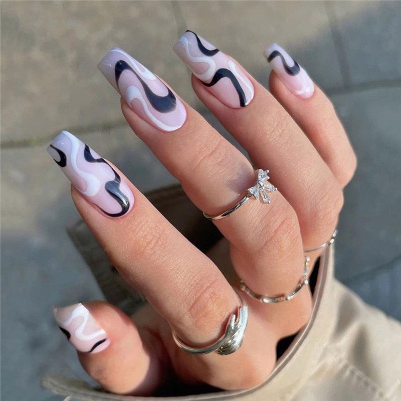24pcs Checkerboard False Nails Wearable Fake Nails Long Coffin Full Cover Press On Square Head Manicure New French Manicuree JP1425