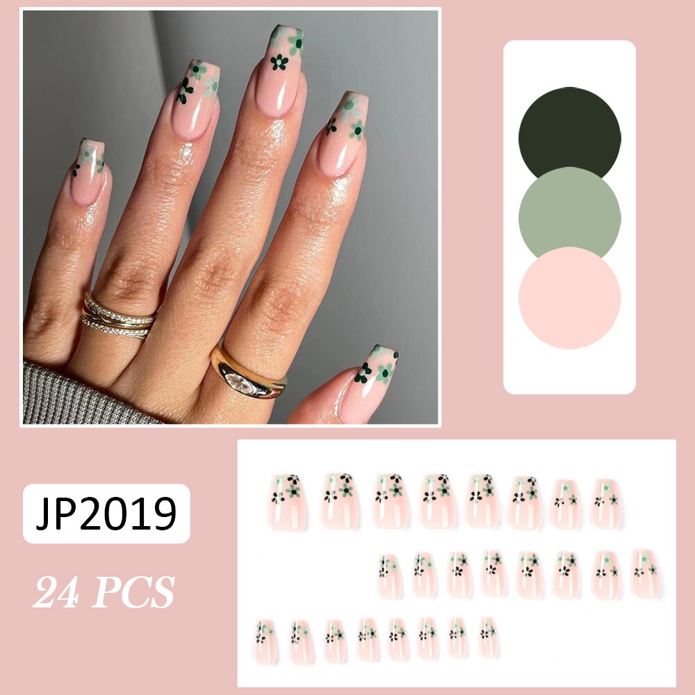 24pcs Coffin False Nails Glitter Rainbow Flowers Press on Nail Patch Short Manicure Nail Tips False Nail Acrylic Patch wholesale J7