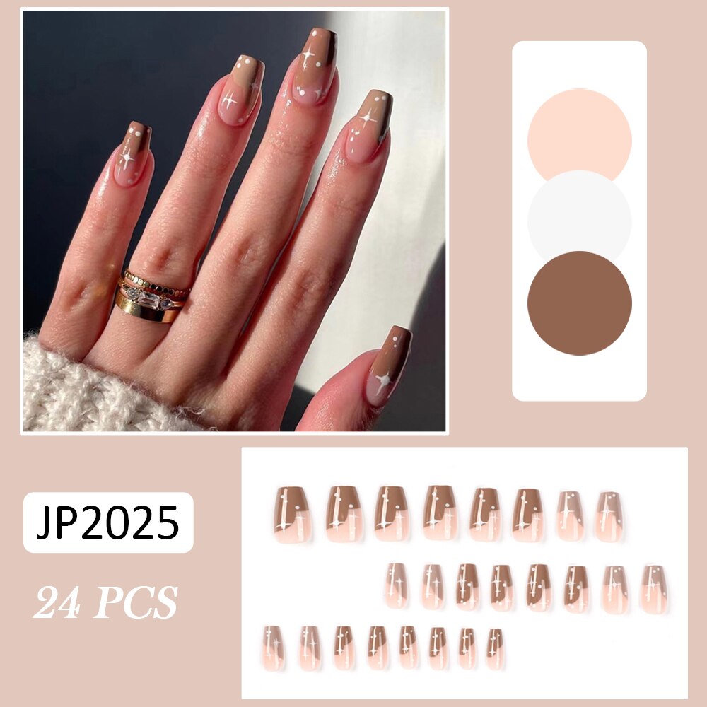 24pcs Coffin False Nails Glitter Rainbow Flowers Press on Nail Patch Short Manicure Nail Tips False Nail Acrylic Patch wholesale J9