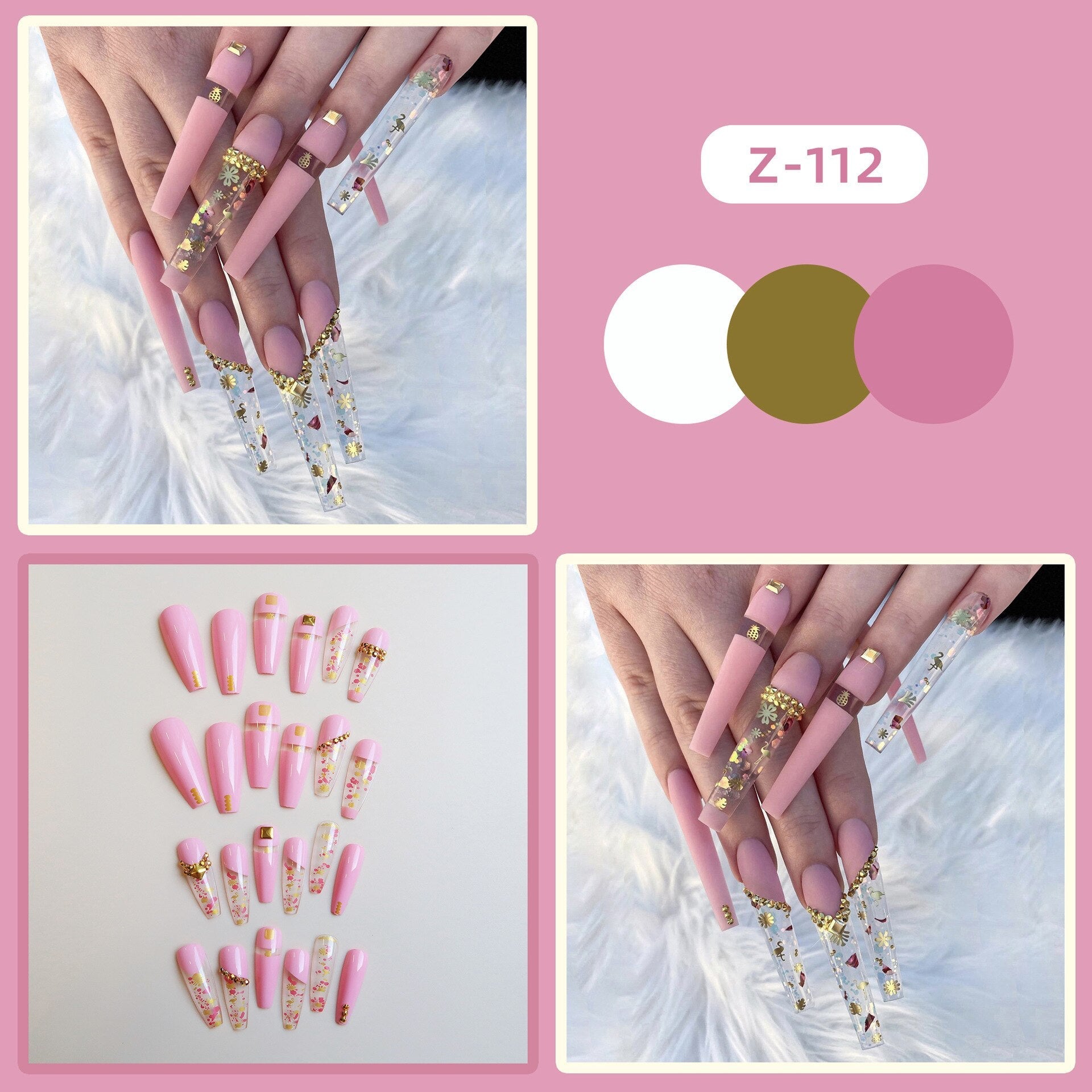 24pcs Detachable XL Ballerina flower artificial nails with designs Full Cover French fake nails set press on diamond false nails 112