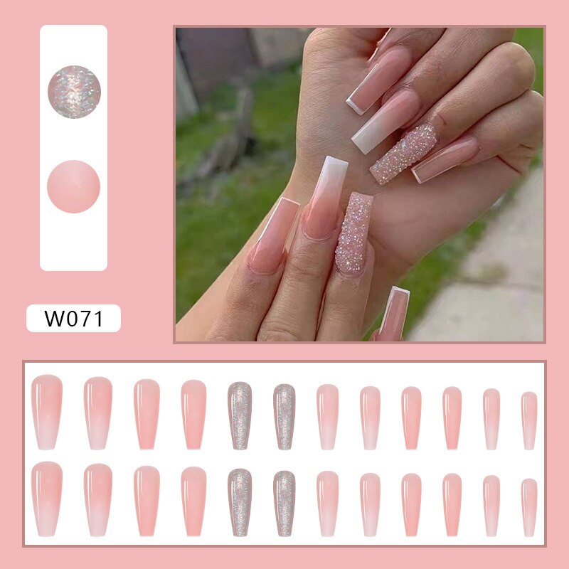 24pcs Douyin 2024 Nail Press on Long Ballet False Nails Extension Tip Reusable Adhesive Y2k Pink Black Sweet Cool Style Manicure W071 Pink Diamond in