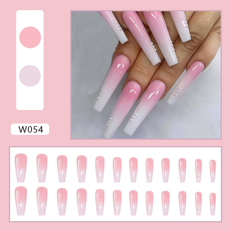 24pcs Douyin 2024 Nail Press on Long Ballet False Nails Extension Tip Reusable Adhesive Y2k Pink Black Sweet Cool Style Manicure W054 Pearl Gradient