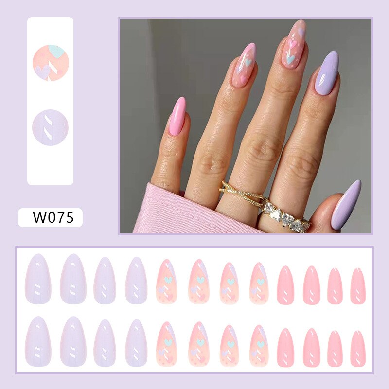 24pcs Douyin 2024 Nail Press on Long Ballet False Nails Extension Tip Reusable Adhesive Y2k Pink Black Sweet Cool Style Manicure W075 Macaron Color G