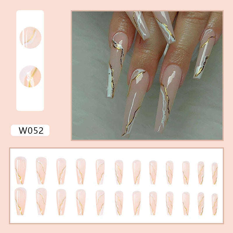 24pcs Douyin 2024 Nail Press on Long Ballet False Nails Extension Tip Reusable Adhesive Y2k Pink Black Sweet Cool Style Manicure W052 Marble Powder G
