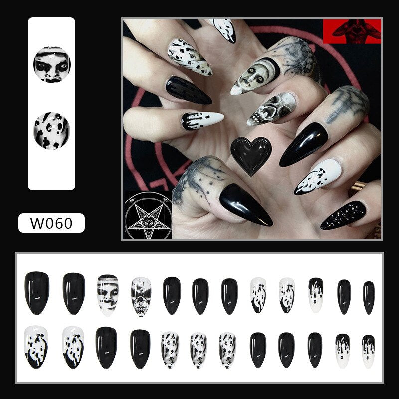 24pcs Douyin 2024 Nail Press on Long Ballet False Nails Extension Tip Reusable Adhesive Y2k Pink Black Sweet Cool Style Manicure W060 Ink Skull Glue
