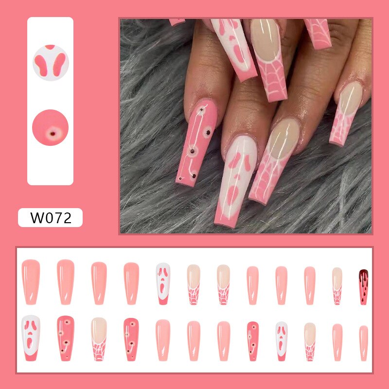 24pcs Douyin 2024 Nail Press on Long Ballet False Nails Extension Tip Reusable Adhesive Y2k Pink Black Sweet Cool Style Manicure W072 Funny Face Glue