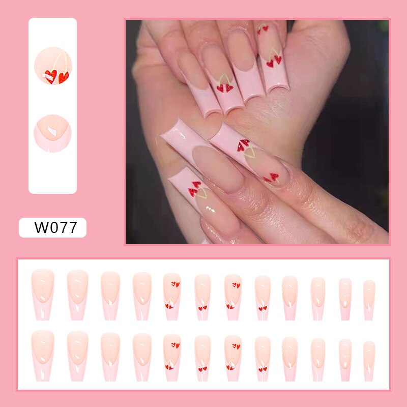 24pcs Douyin 2024 Nail Press on Long Ballet False Nails Extension Tip Reusable Adhesive Y2k Pink Black Sweet Cool Style Manicure W077 Love Cherry Glu