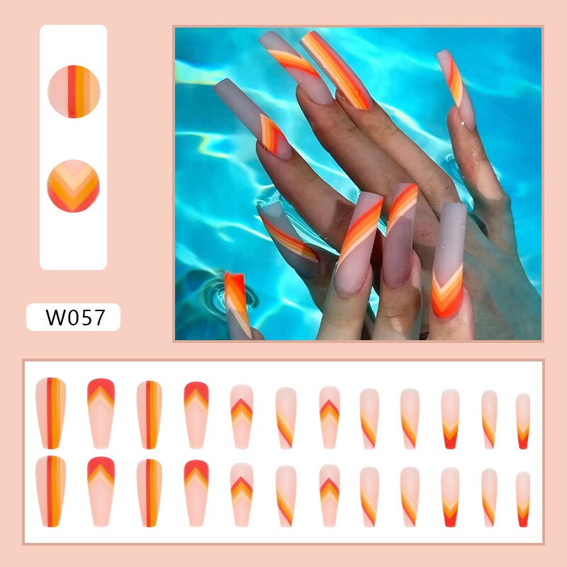 24pcs Douyin 2024 Nail Press on Long Ballet False Nails Extension Tip Reusable Adhesive Y2k Pink Black Sweet Cool Style Manicure W057 Red Lines Glue