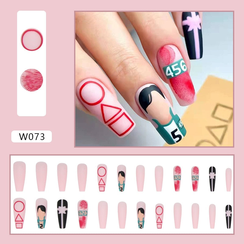 24pcs Douyin 2024 Nail Press on Long Ballet False Nails Extension Tip Reusable Adhesive Y2k Pink Black Sweet Cool Style Manicure W073 Digital Game Gl