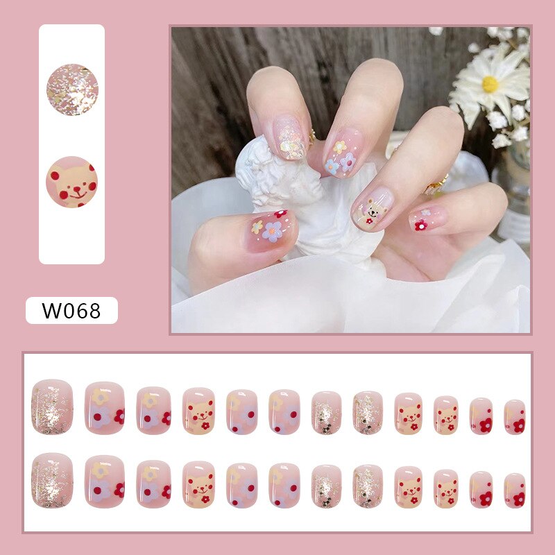 24pcs Douyin 2024 Nail Press on Long Ballet False Nails Extension Tip Reusable Adhesive Y2k Pink Black Sweet Cool Style Manicure W068 Dream Flower Gl
