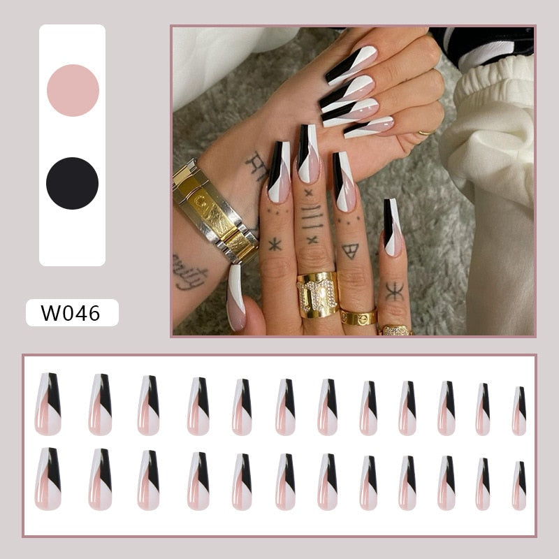 24pcs Douyin 2024 Nail Press on Long Ballet False Nails Extension Tip Reusable Adhesive Y2k Pink Black Sweet Cool Style Manicure W046 Black and White