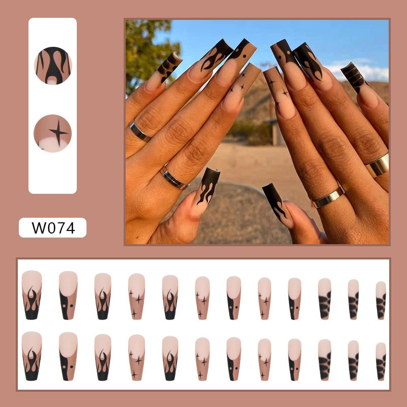 24pcs Douyin 2024 Nail Press on Long Ballet False Nails Extension Tip Reusable Adhesive Y2k Pink Black Sweet Cool Style Manicure W074 Flame Leopard P