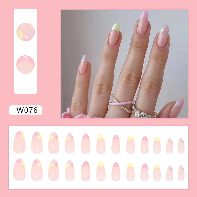 24pcs Douyin 2024 Nail Press on Long Ballet False Nails Extension Tip Reusable Adhesive Y2k Pink Black Sweet Cool Style Manicure W076 Macaron Color G