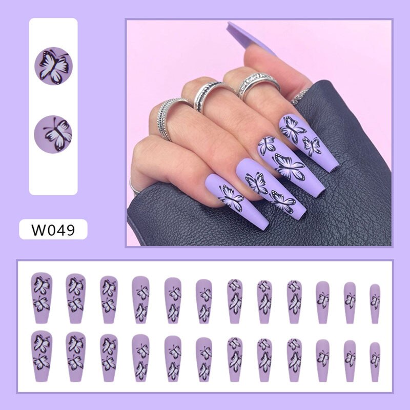 24pcs Douyin 2024 Nail Press on Long Ballet False Nails Extension Tip Reusable Adhesive Y2k Pink Black Sweet Cool Style Manicure W049 Purple Butterfl