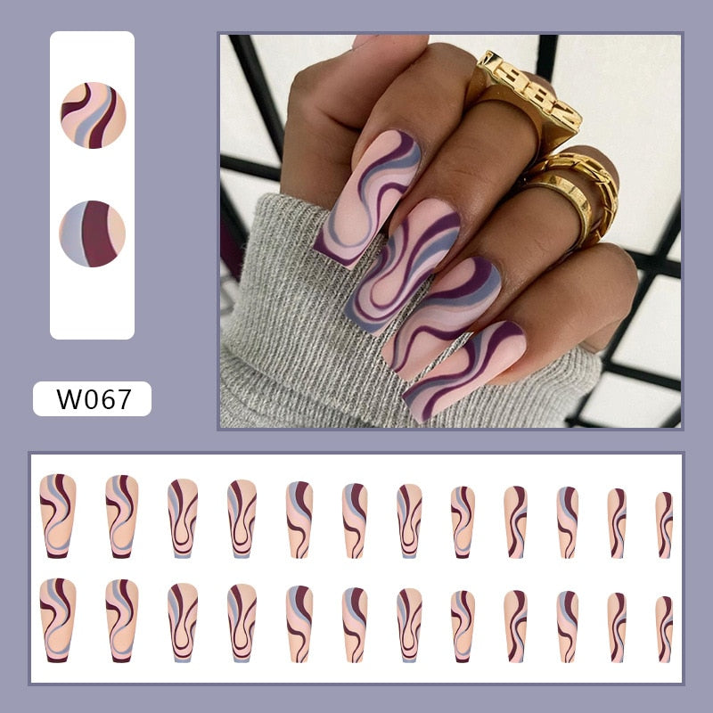 24pcs Douyin 2024 Nail Press on Long Ballet False Nails Extension Tip Reusable Adhesive Y2k Pink Black Sweet Cool Style Manicure W067 Wave Line Glue