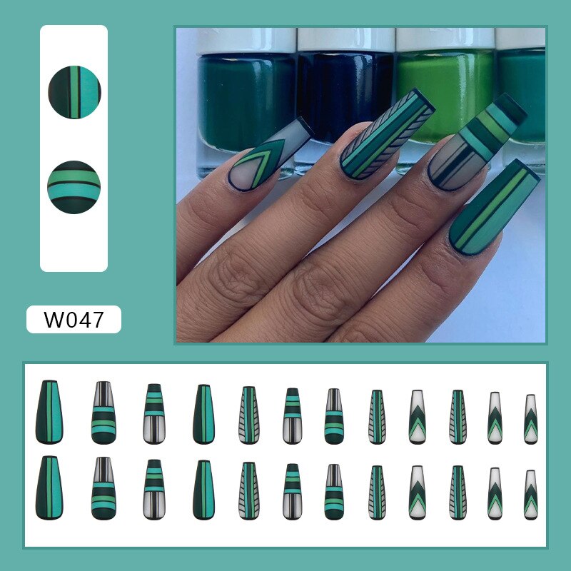 24pcs Douyin 2024 Nail Press on Long Ballet False Nails Extension Tip Reusable Adhesive Y2k Pink Black Sweet Cool Style Manicure W047 Green Plaid Glu