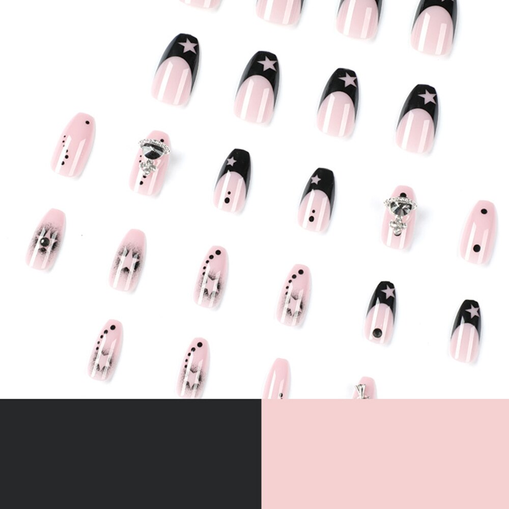 24pcs Fake Nails Press on Nails Y2k Korean False Nails Set Rhinestone Wearable Artificial Nails Reusable Long Coffin French Tips
