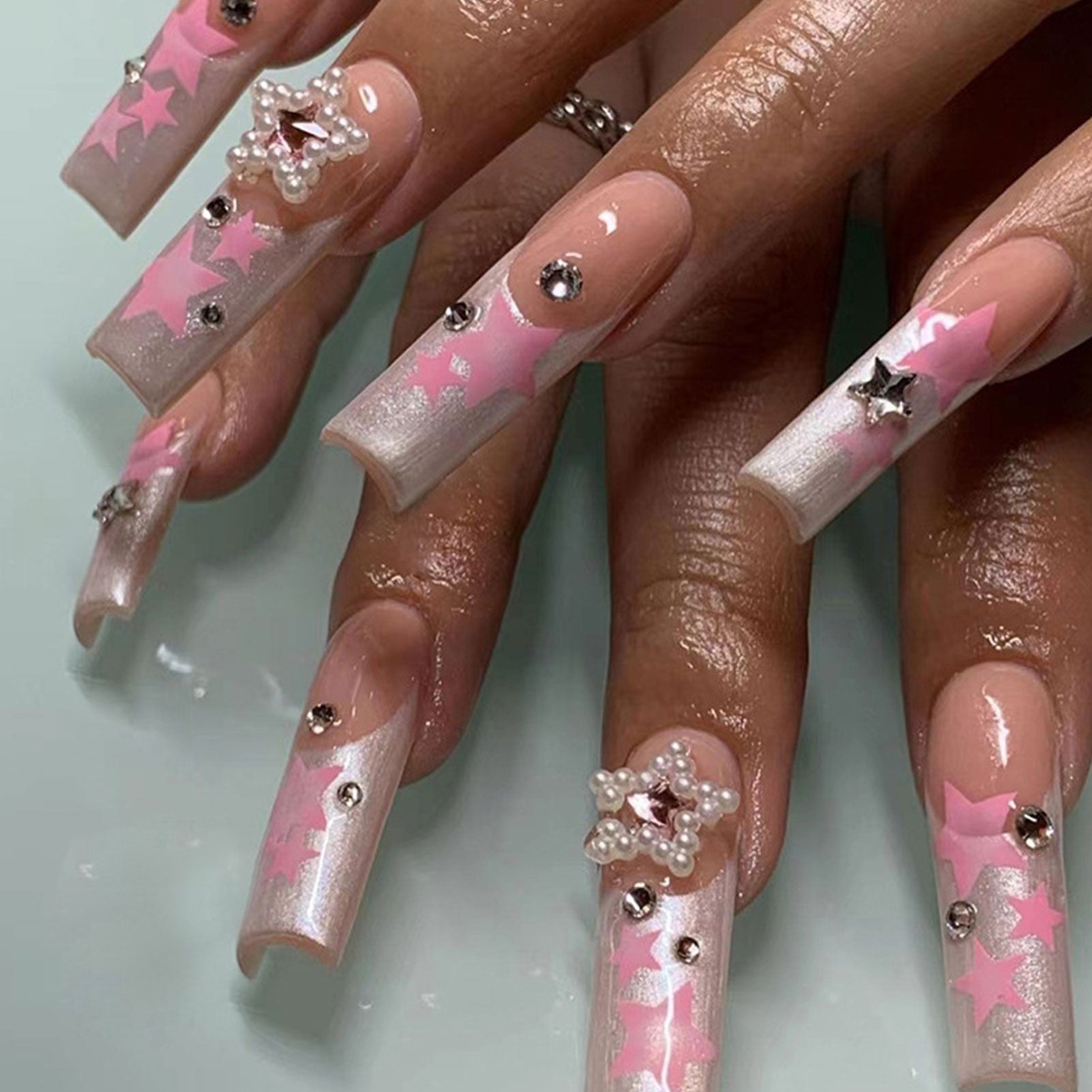 24pcs Fake Nails Press on Nails Y2k Korean False Nails Set Rhinestone Wearable Artificial Nails Reusable Long Coffin French Tips style8