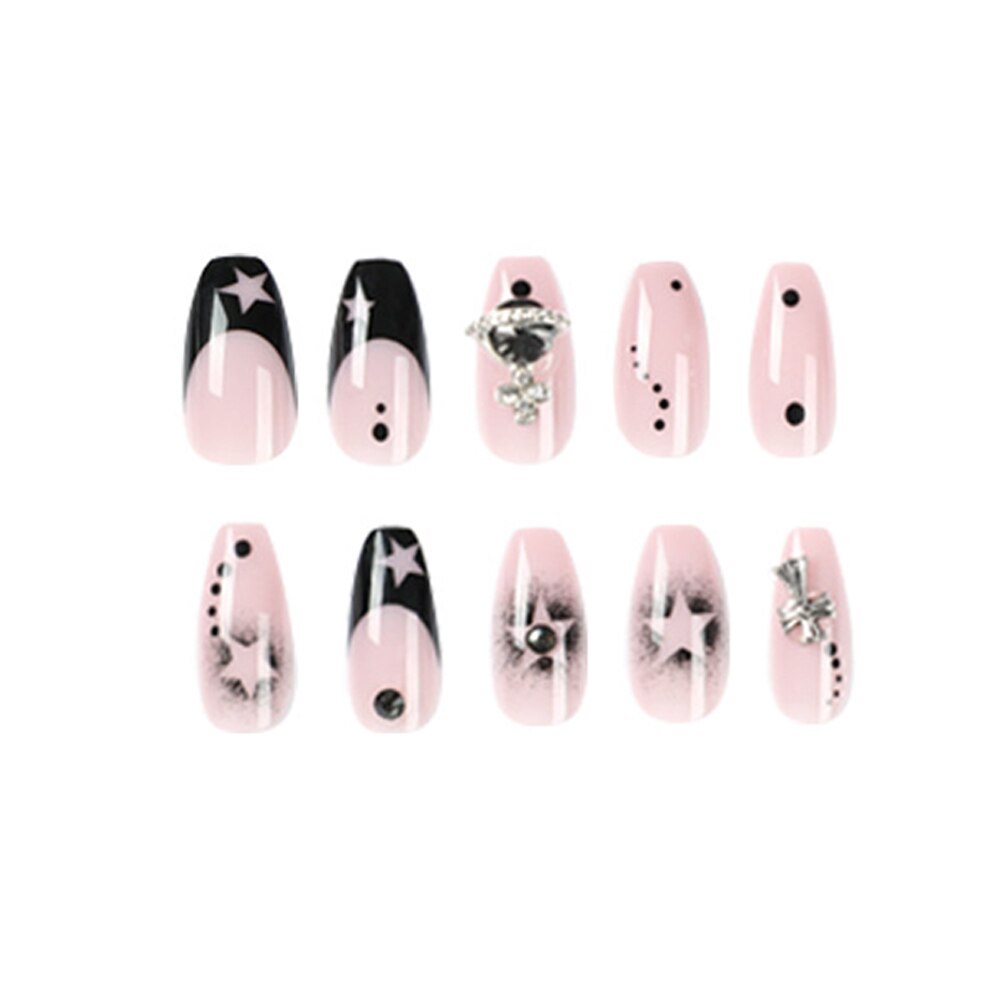 24pcs Fake Nails Press on Nails Y2k Korean False Nails Set Rhinestone Wearable Artificial Nails Reusable Long Coffin French Tips