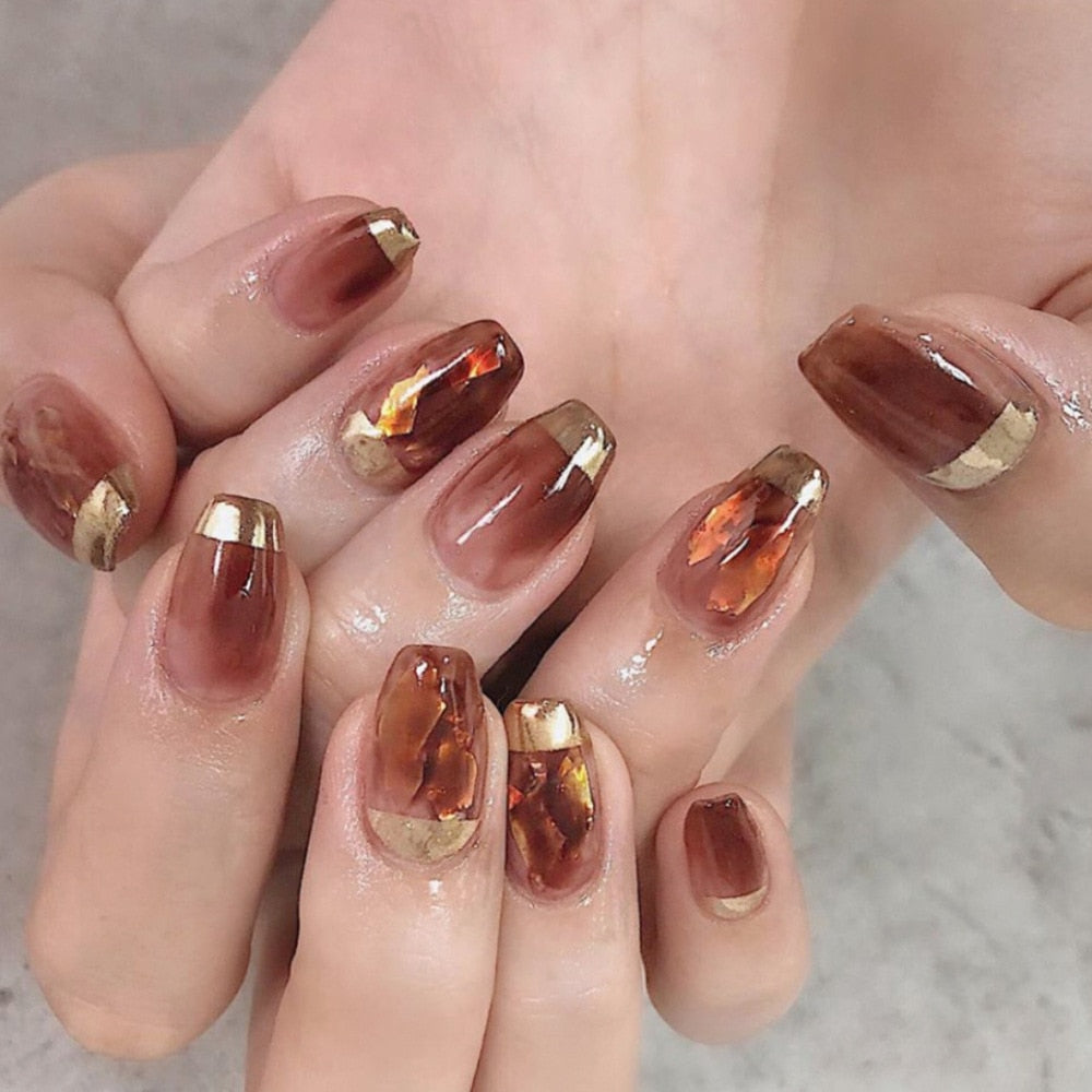 24pcs False Nail French Gold Coffee Color Coffin Fake Nail Patch Wearable Full Cover Nails for Girl Press on Nail Tips Wholesale L1