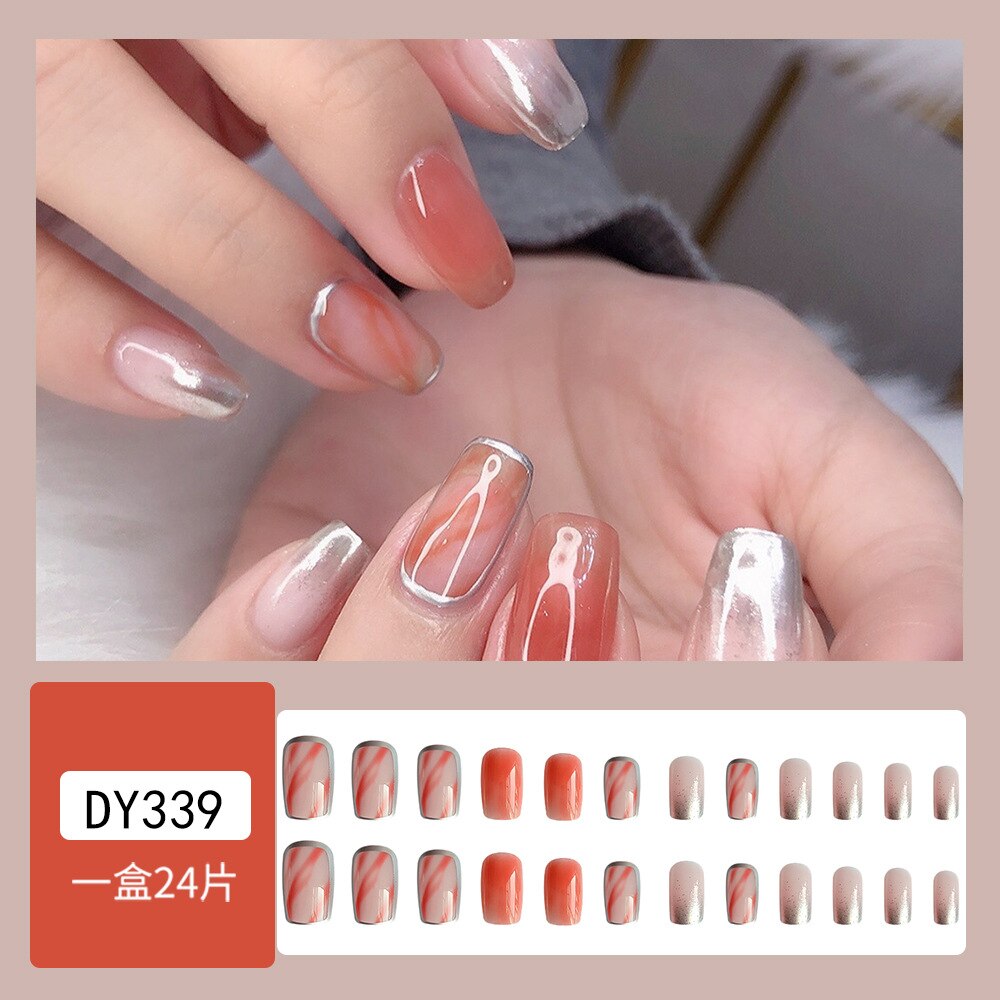 24pcs False Nail French Gold Coffee Color Coffin Fake Nail Patch Wearable Full Cover Nails for Girl Press on Nail Tips Wholesale