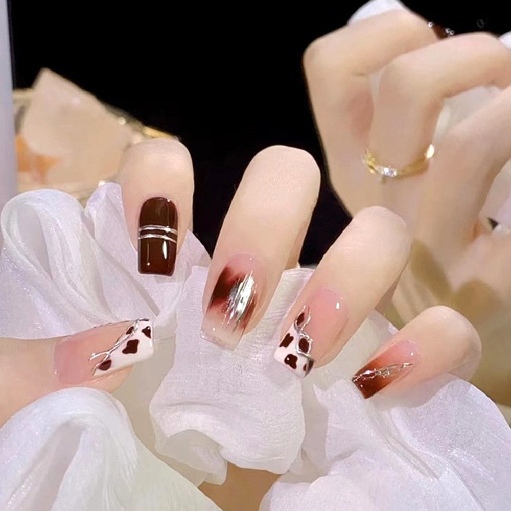 24pcs False Nail French Gold Coffee Color Coffin Fake Nail Patch Wearable Full Cover Nails for Girl Press on Nail Tips Wholesale L7