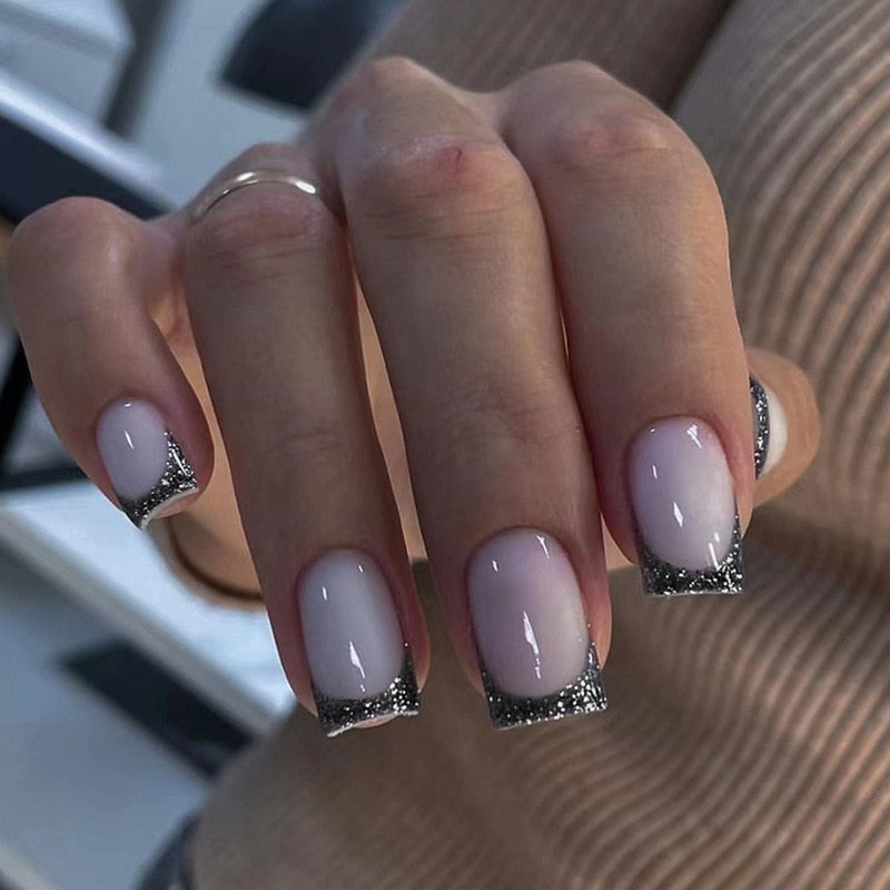 24pcs False Nail Full Cover Fake Nail Elegant Pink Gradient Glitter French Short Nails Coffin Short False Nail Press On Nails A7