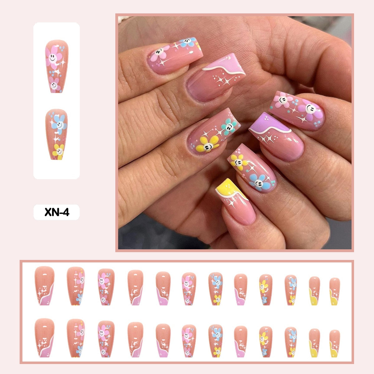 24pcs Girlish Colorful Graffiti Nail Art Fake Nails With Glue Pink Purple Short Press on False Nails With Wearing Tools XN-4