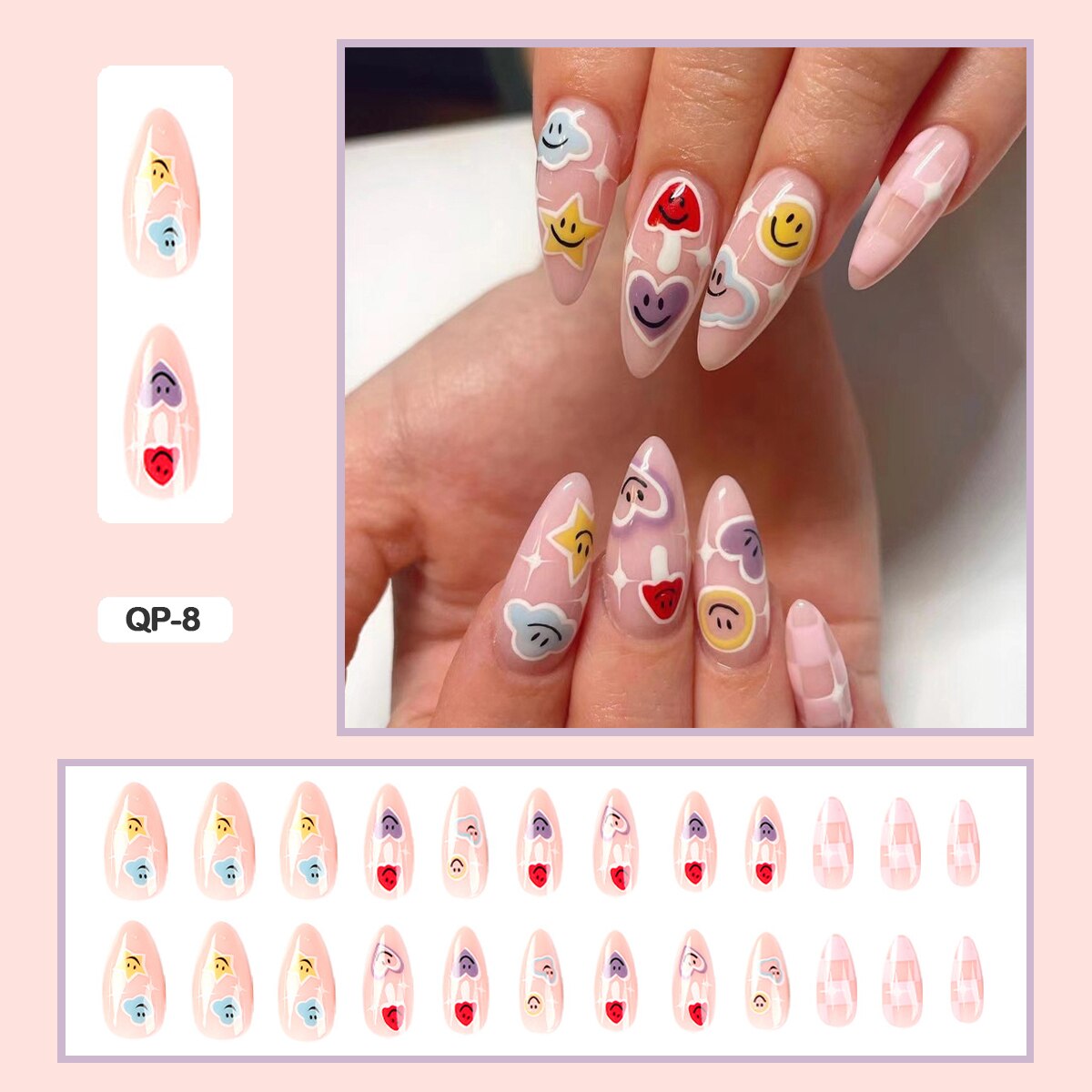 24pcs Girlish Colorful Graffiti Nail Art Fake Nails With Glue Pink Purple Short Press on False Nails With Wearing Tools QP-8