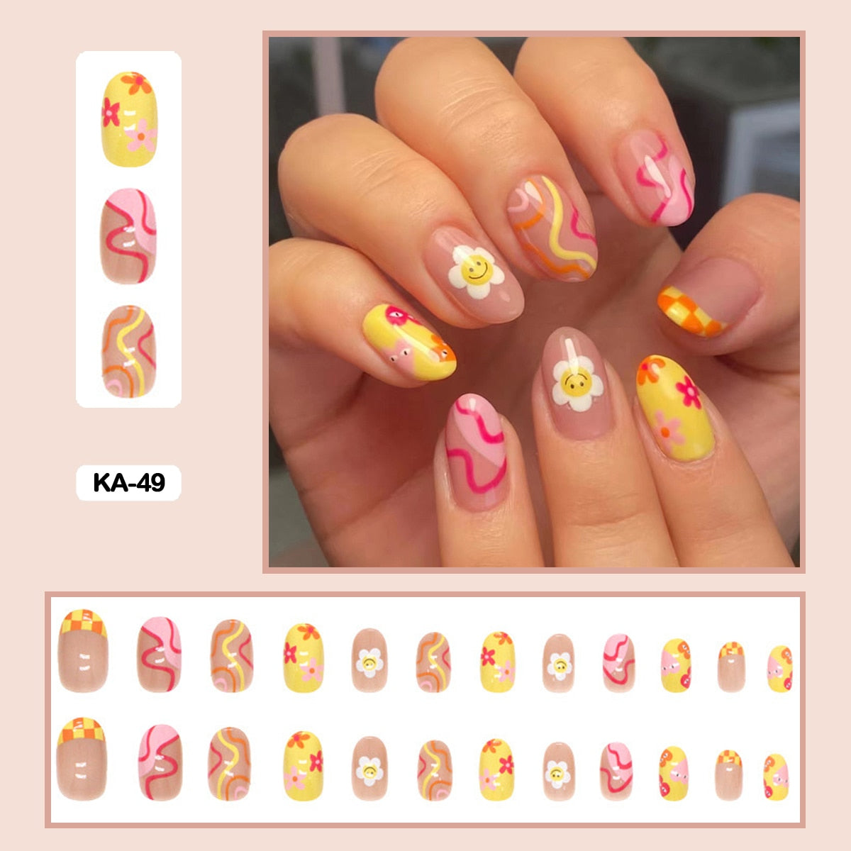 24pcs Girlish Colorful Graffiti Nail Art Fake Nails With Glue Pink Purple Short Press on False Nails With Wearing Tools KA-49