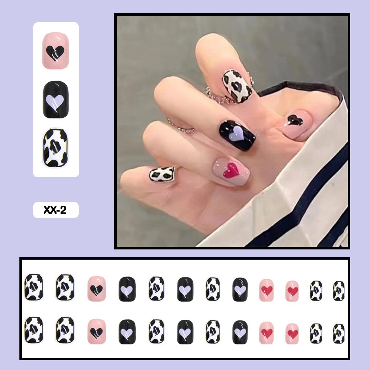 24pcs Girlish Colorful Graffiti Nail Art Fake Nails With Glue Pink Purple Short Press on False Nails With Wearing Tools XX-2