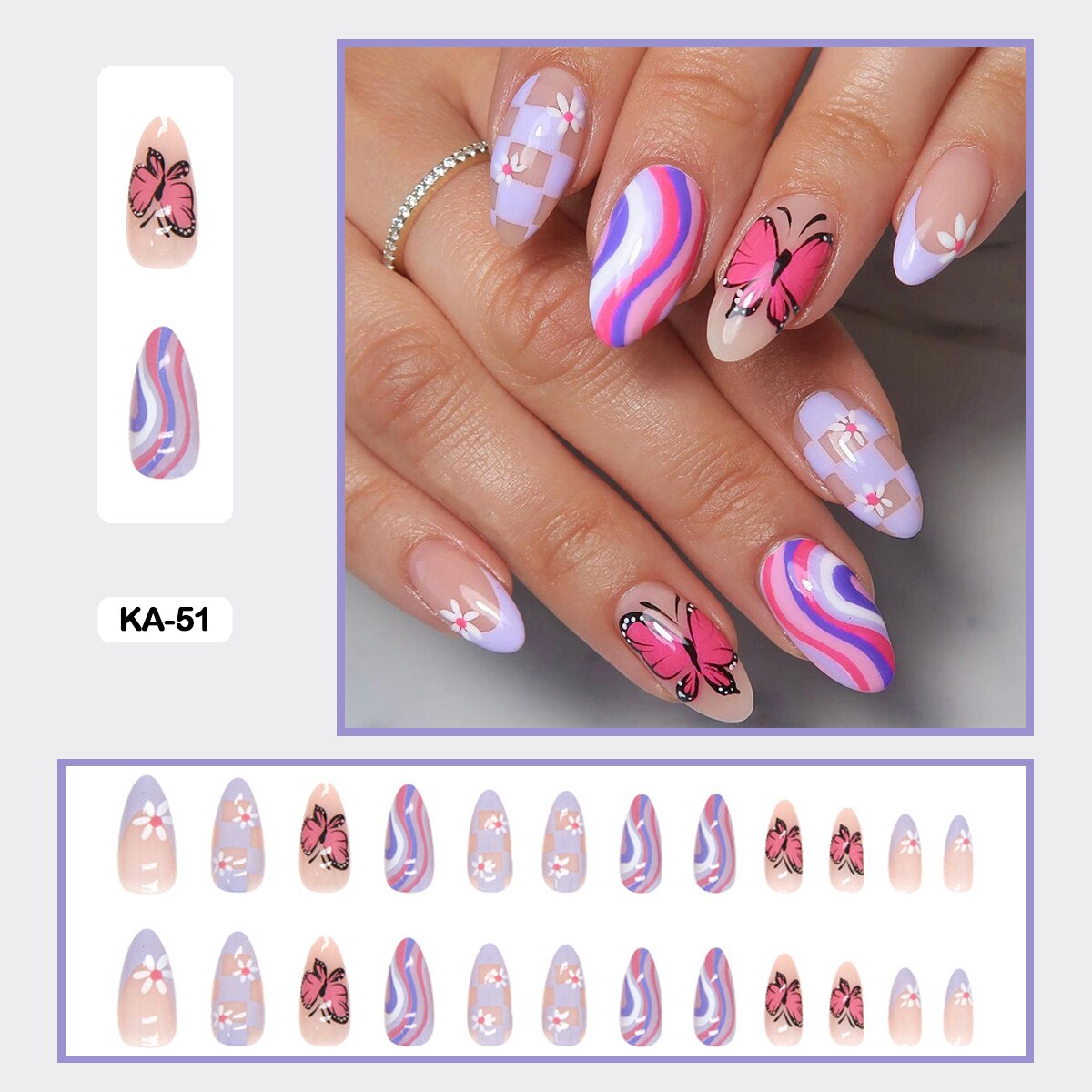 24pcs Girlish Colorful Graffiti Nail Art Fake Nails With Glue Pink Purple Short Press on False Nails With Wearing Tools KA-51