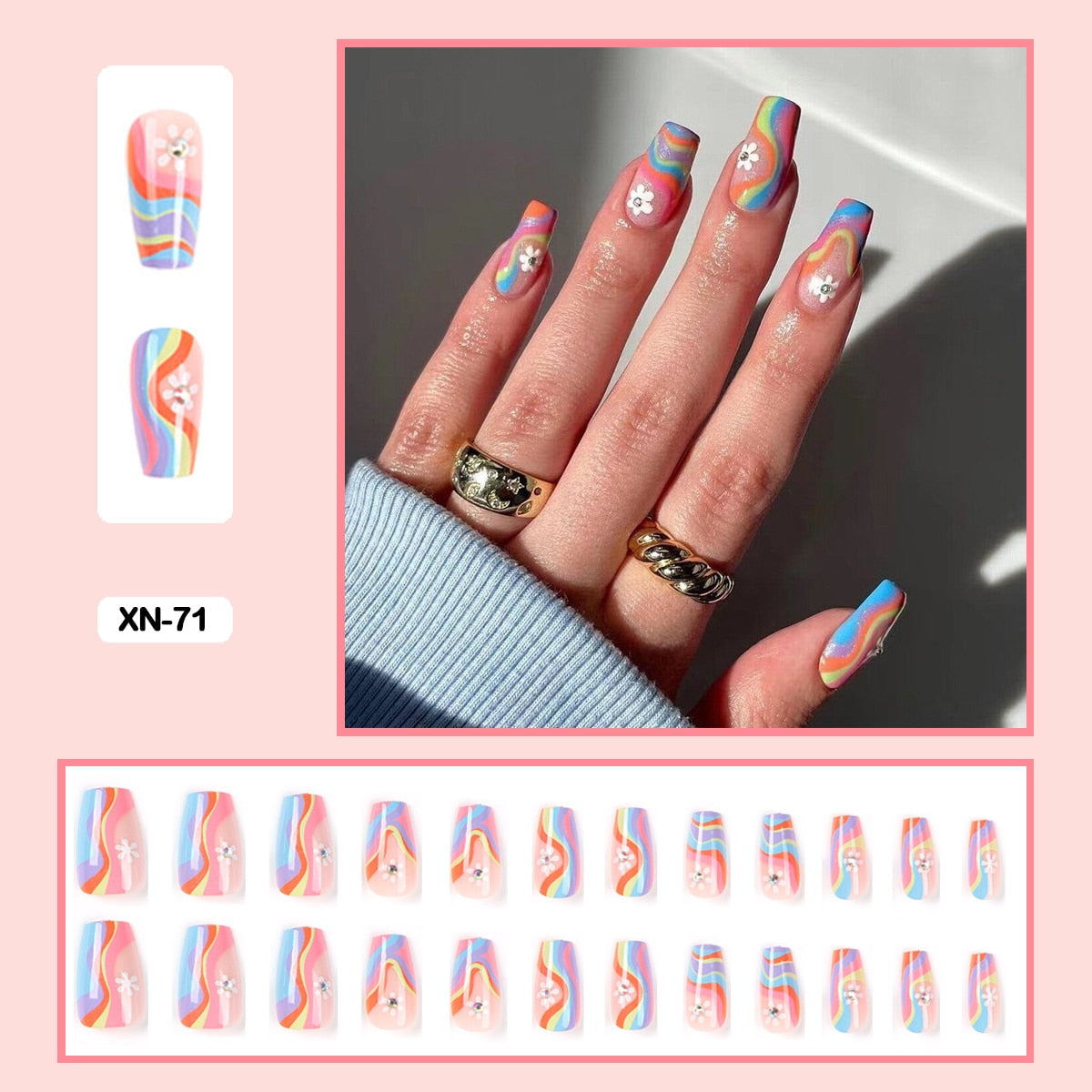 24pcs Girlish Colorful Graffiti Nail Art Fake Nails With Glue Pink Purple Short Press on False Nails With Wearing Tools XN-71