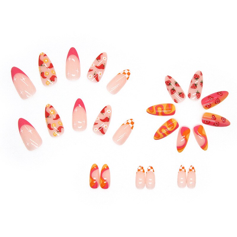 24pcs Girlish Colorful Graffiti Nail Art Fake Nails With Glue Pink Purple Short Press on False Nails With Wearing Tools