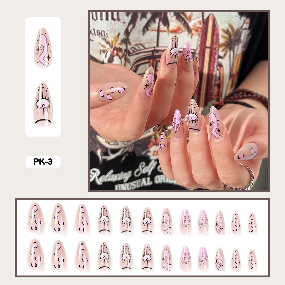 24pcs Girlish Colorful Graffiti Nail Art Fake Nails With Glue Pink Purple Short Press on False Nails With Wearing Tools PK-3