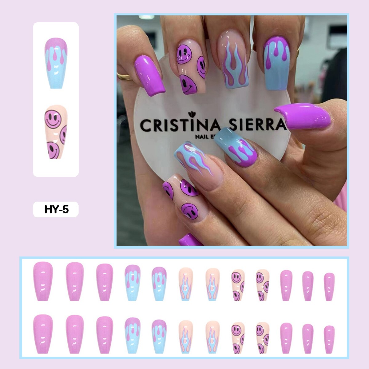24pcs Girlish Colorful Graffiti Nail Art Fake Nails With Glue Pink Purple Short Press on False Nails With Wearing Tools HY-5