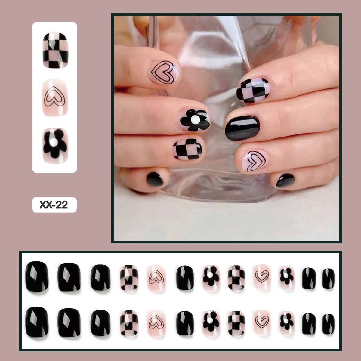 24pcs Girlish Colorful Graffiti Nail Art Fake Nails With Glue Pink Purple Short Press on False Nails With Wearing Tools XX-22