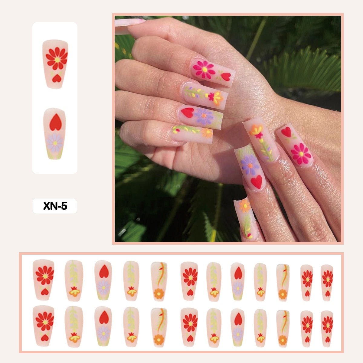 24pcs Girlish Colorful Graffiti Nail Art Fake Nails With Glue Pink Purple Short Press on False Nails With Wearing Tools XN-5