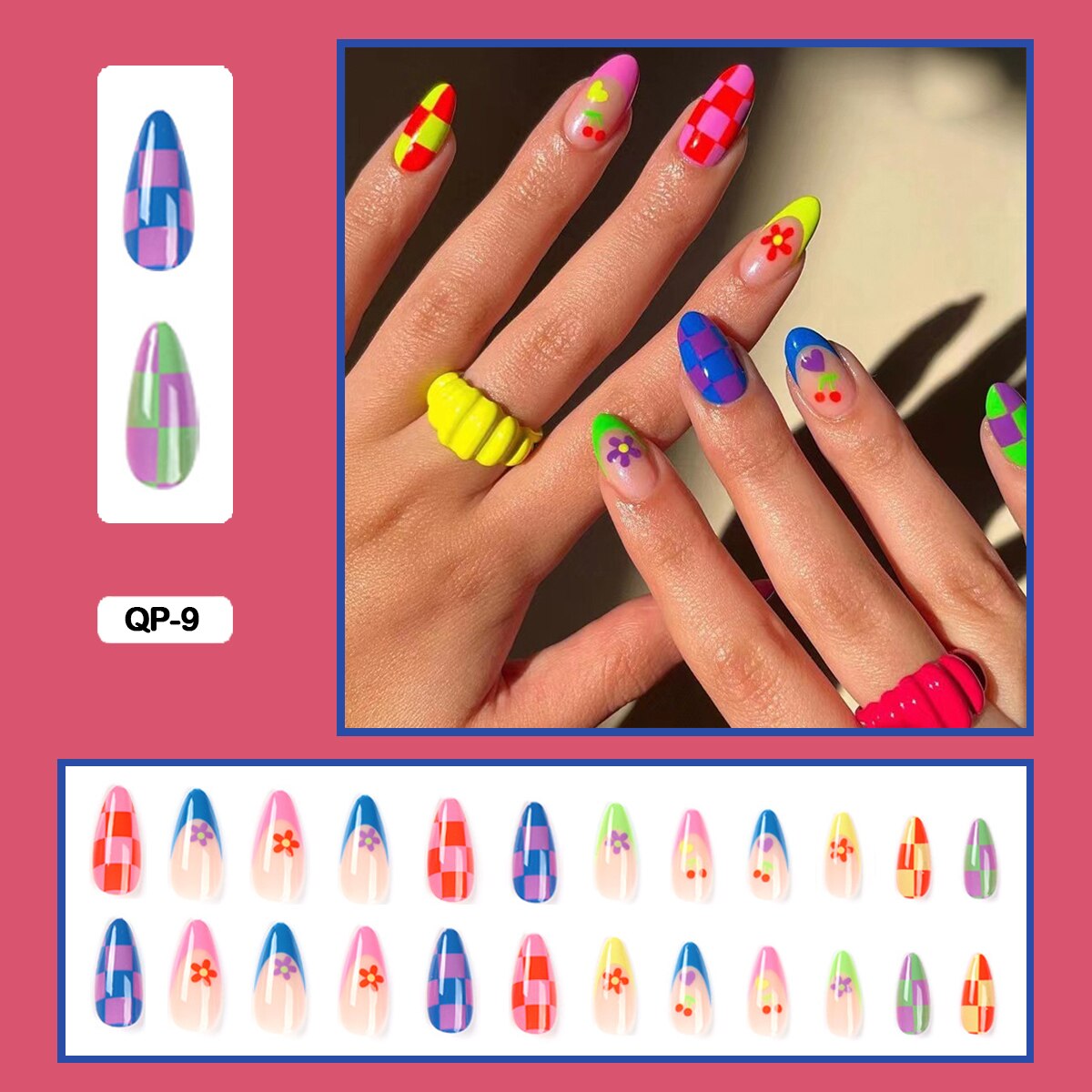 24pcs Girlish Colorful Graffiti Nail Art Fake Nails With Glue Pink Purple Short Press on False Nails With Wearing Tools QP-9