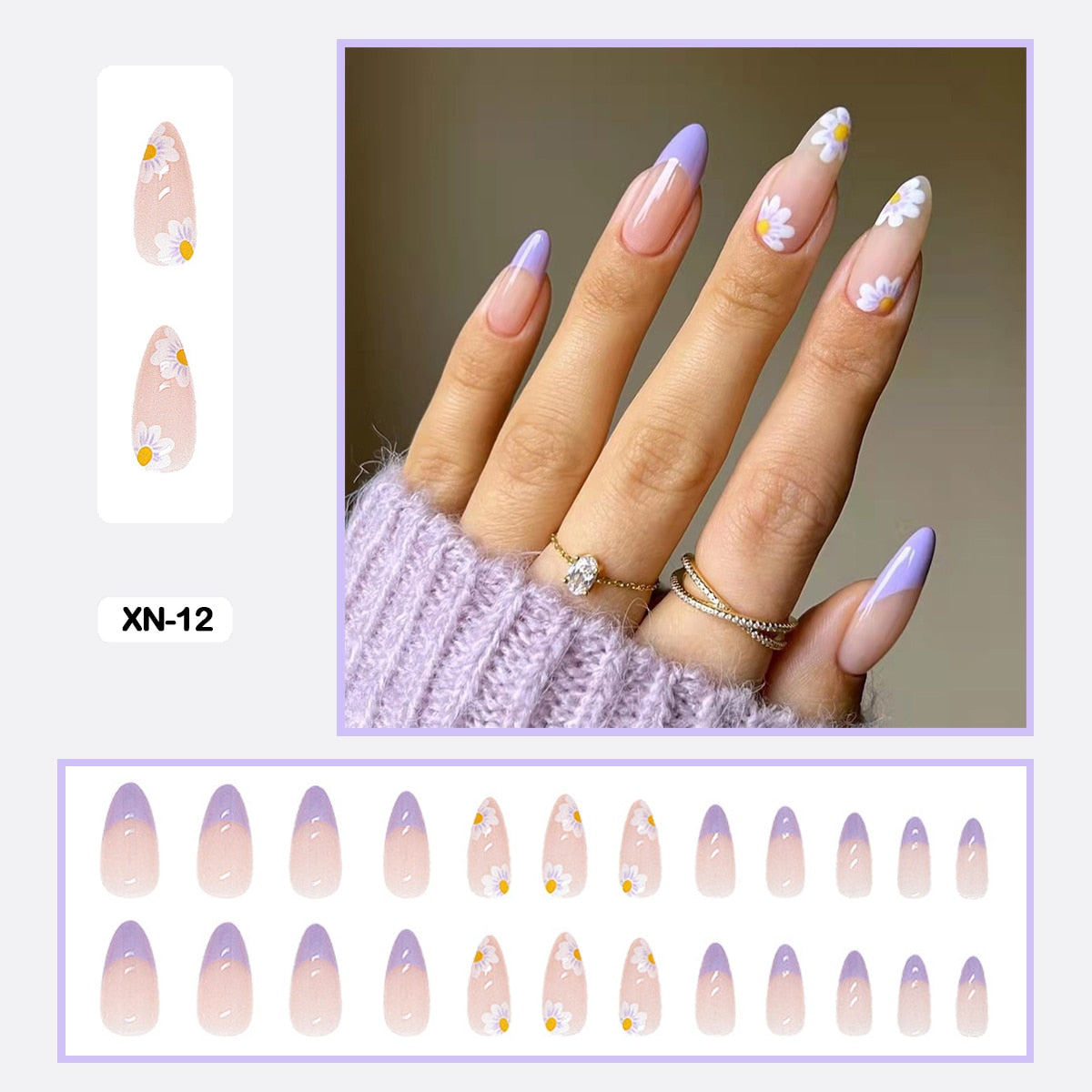 24pcs Girlish Colorful Graffiti Nail Art Fake Nails With Glue Pink Purple Short Press on False Nails With Wearing Tools XN-12