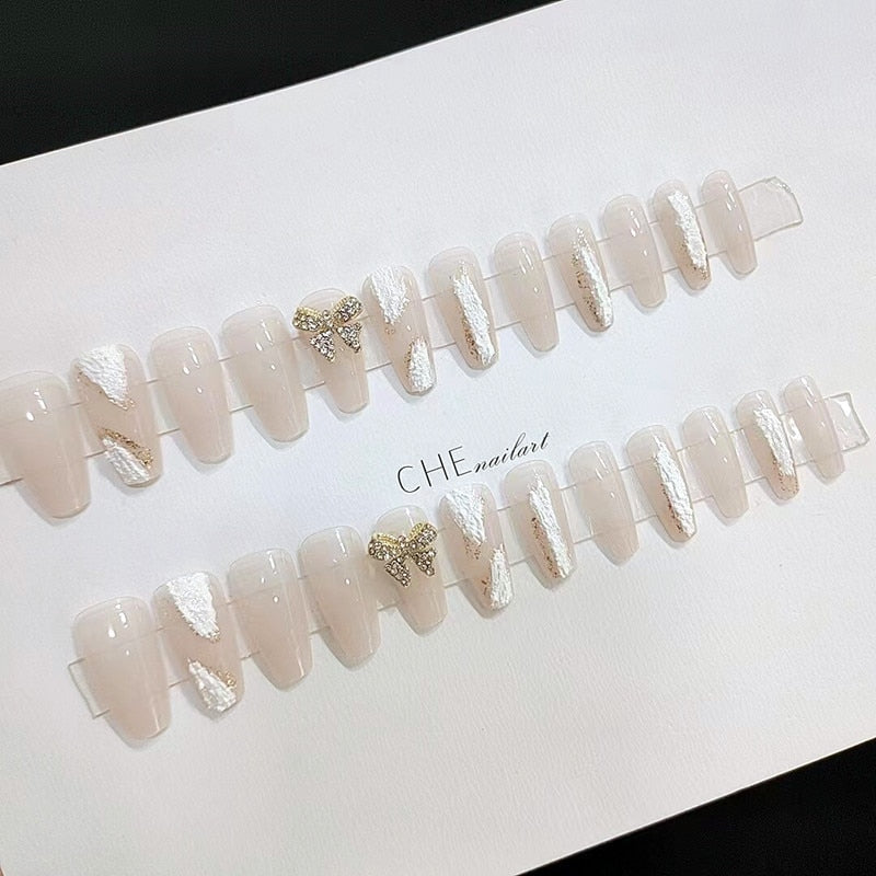 24pcs Glitter Gold Diamond False Nails French Butterfly Design Press on Nail Wearable Full Cover Acrylic Nail Tips for Girls