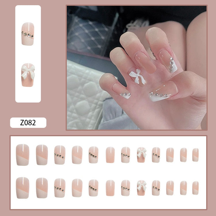 24pcs Glitter Gold Diamond False Nails French Butterfly Design Press on Nail Wearable Full Cover Acrylic Nail Tips for Girls N36