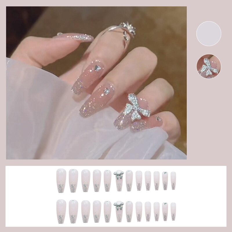 24pcs Glitter Gold Diamond False Nails French Butterfly Design Press on Nail Wearable Full Cover Acrylic Nail Tips for Girls N37