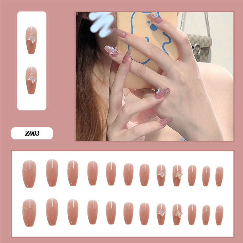 24pcs Glitter Gold Diamond False Nails French Butterfly Design Press on Nail Wearable Full Cover Acrylic Nail Tips for Girls N39