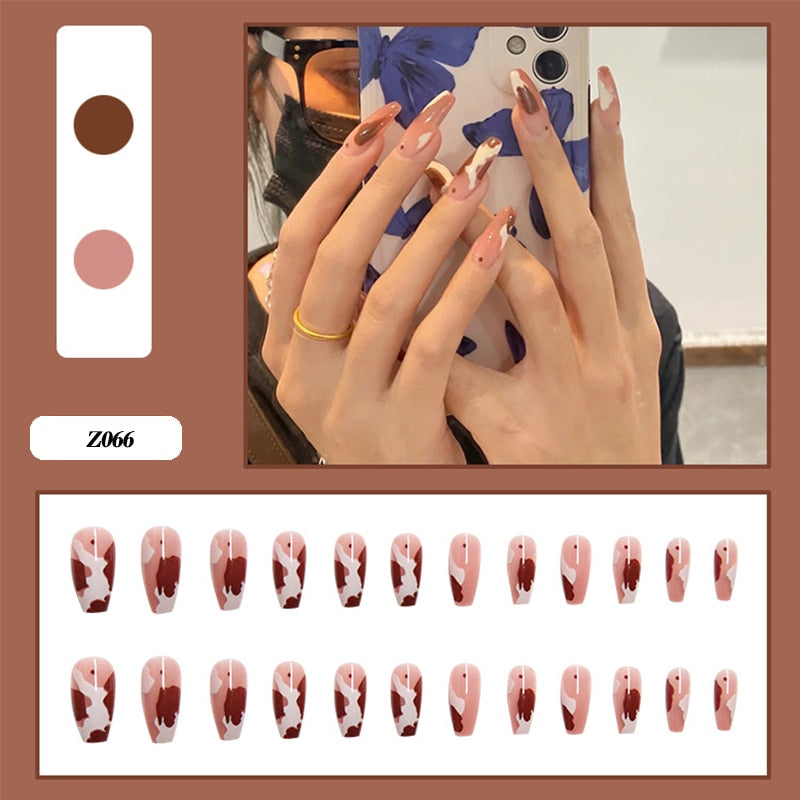 24pcs Glitter Gold Diamond False Nails French Butterfly Design Press on Nail Wearable Full Cover Acrylic Nail Tips for Girls N34