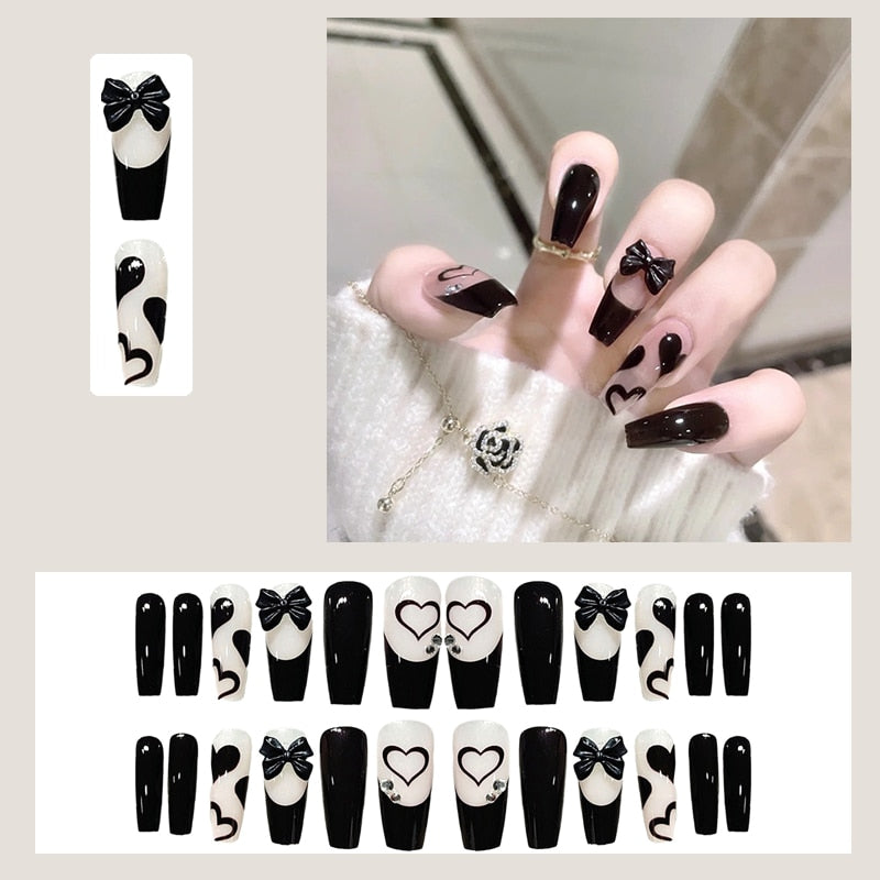 24pcs Glitter Gold Diamond False Nails French Butterfly Design Press on Nail Wearable Full Cover Acrylic Nail Tips for Girls N27