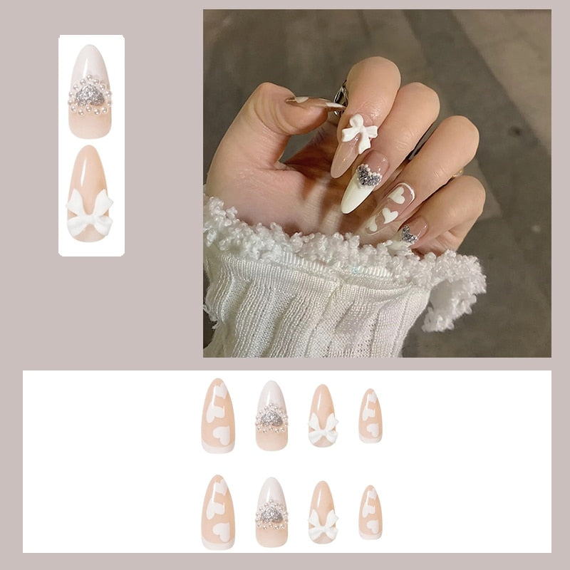 24pcs Glitter Gold Diamond False Nails French Butterfly Design Press on Nail Wearable Full Cover Acrylic Nail Tips for Girls N38